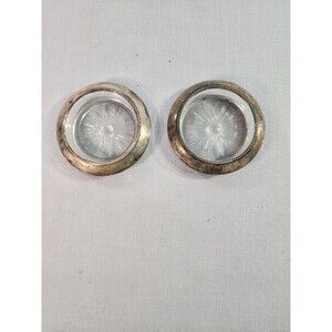 Vintage Frank M. Whiting Sterling Silver Rim Glass Ashtrays Starburst Pair